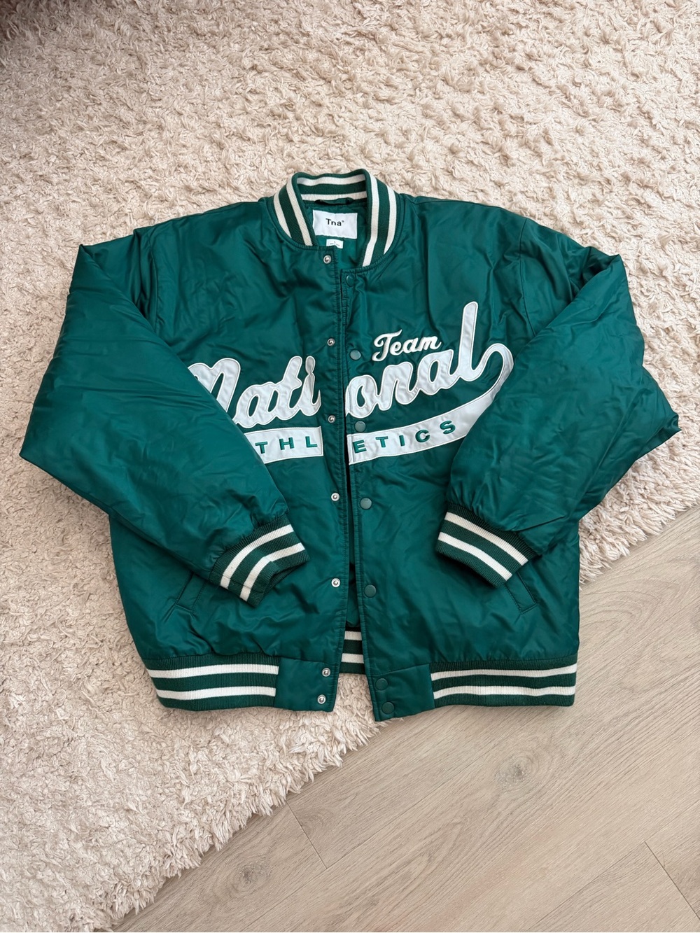 TNA Green Satin Varsity Bomber